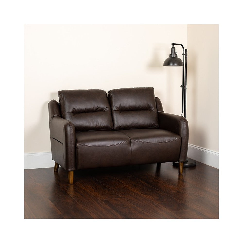 Newton Hill Upholstered Bustle Back Loveseat in Brown LeatherSoft