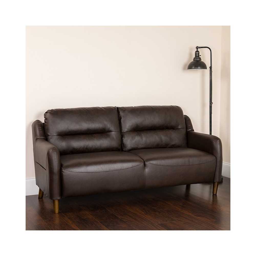 Newton Hill Upholstered Bustle Back Sofa in Brown LeatherSoft