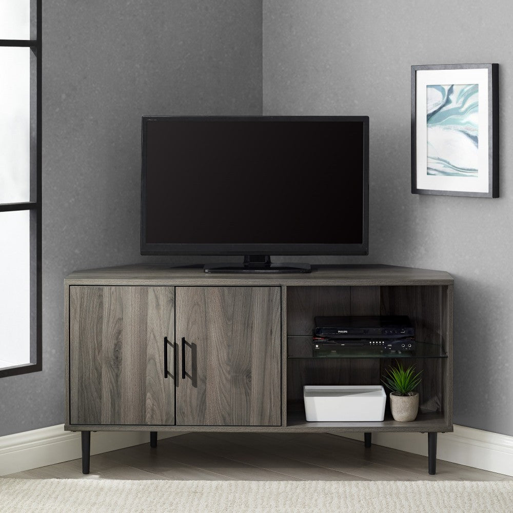 Nora 48" 2 Door Glass Shelf Corner TV Stand - Slate Gray