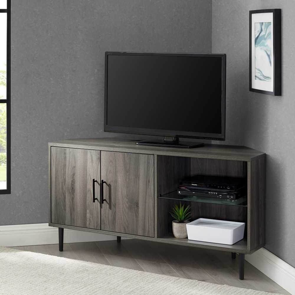 Nora 48" 2 Door Glass Shelf Corner TV Stand - Slate Gray