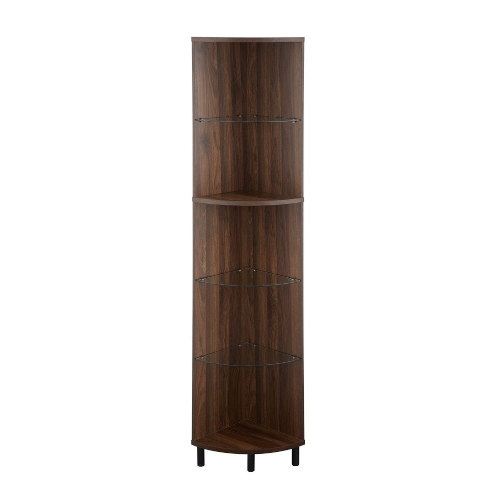 Nora 68" Wood and Glass Corner Bookshelf - Dark Walnut