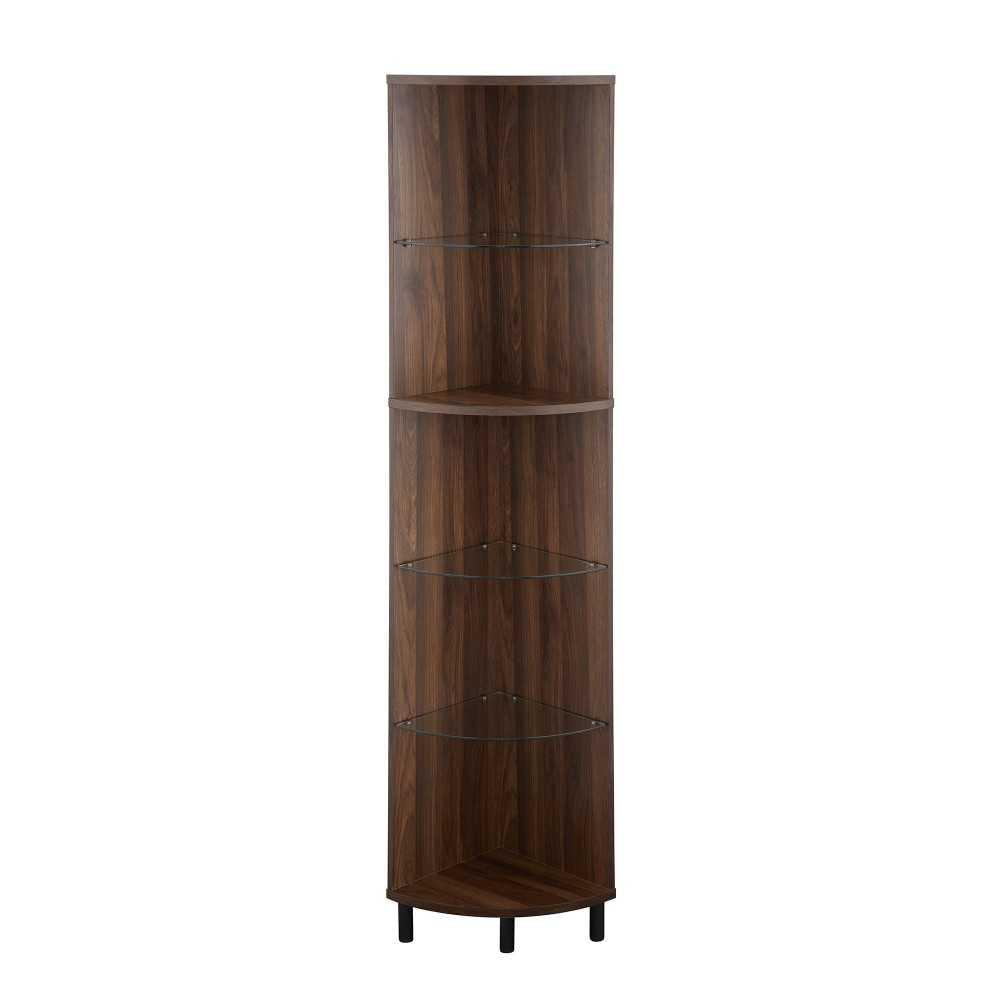 Nora 68" Wood and Glass Corner Bookshelf - Dark Walnut
