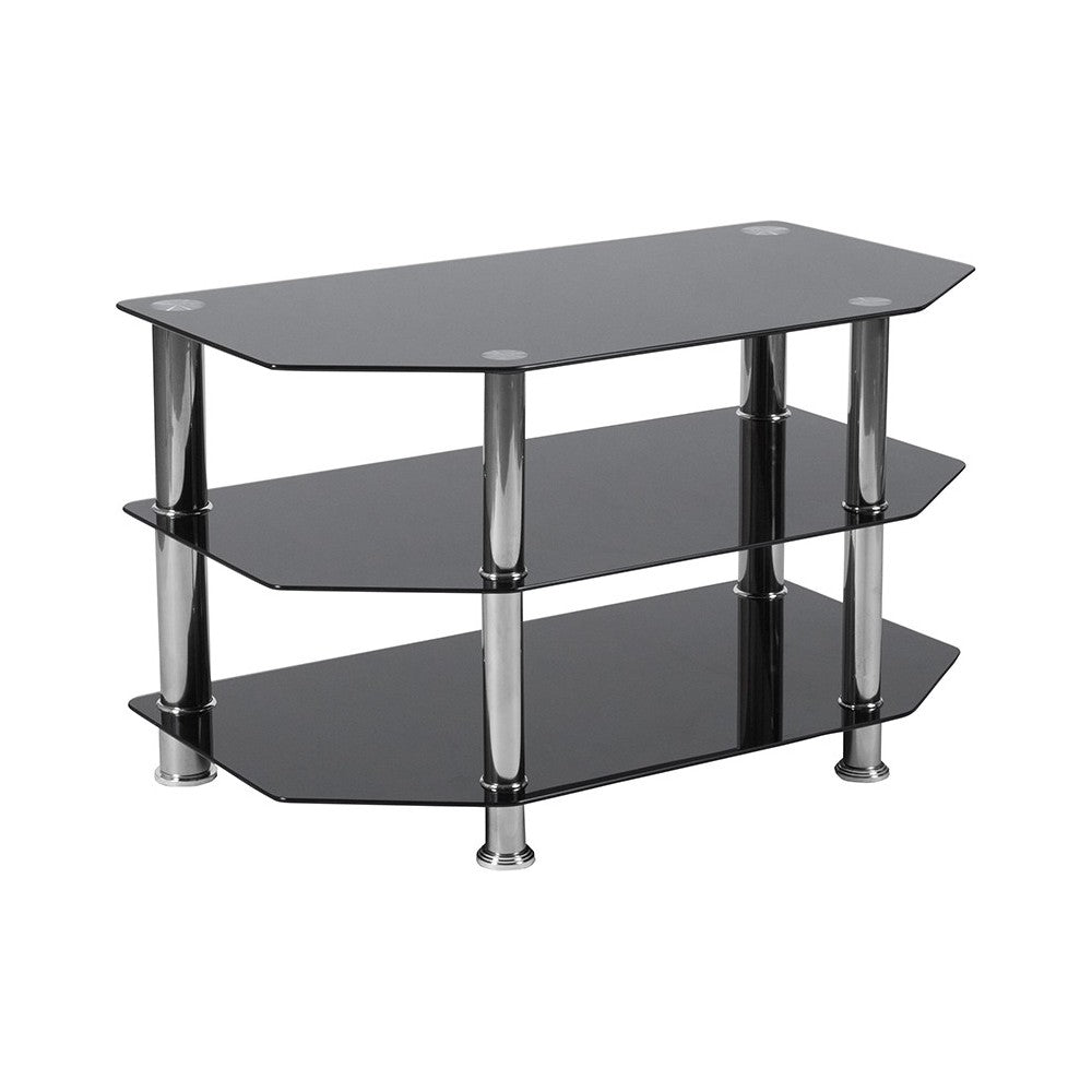 North Beach Black Glass TV Stand with Stainless Steel Metal Frame