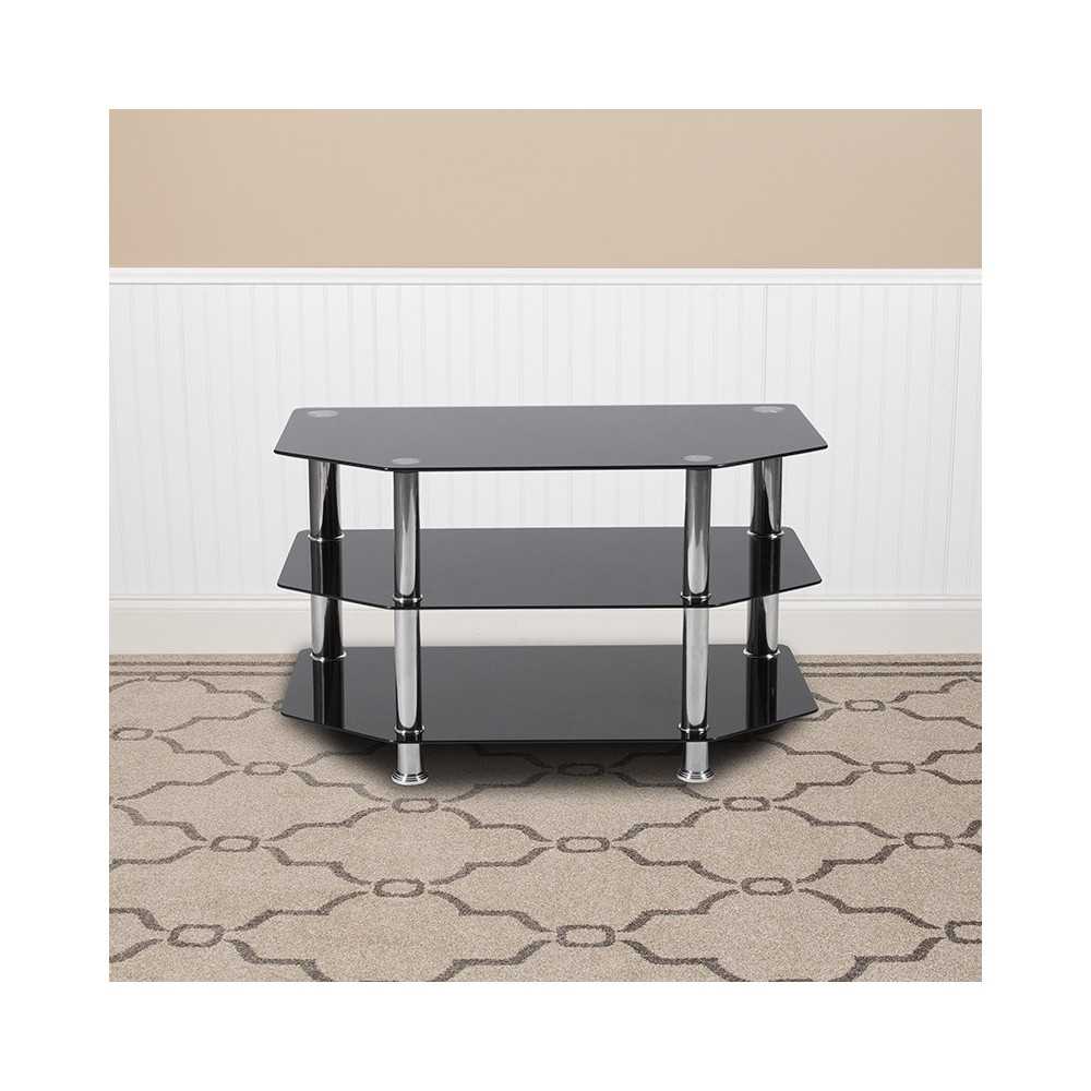 North Beach Black Glass TV Stand with Stainless Steel Metal Frame