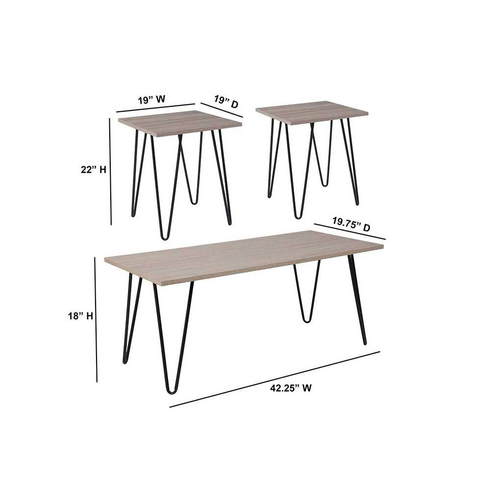 Oak Park Collection 3 Piece Coffee and End Table Set in Driftwood Wood Grain Finish and Black Metal Legs