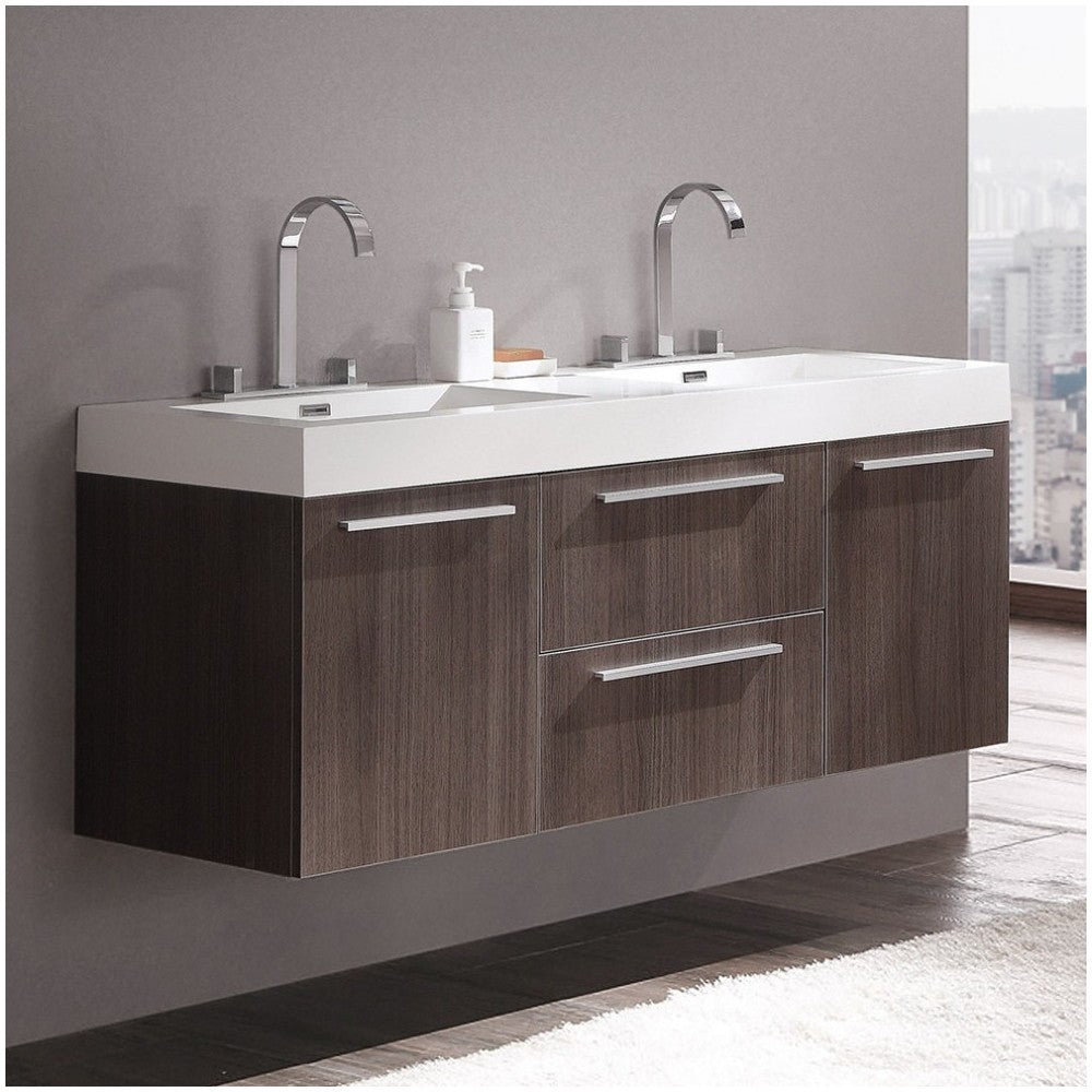Opulento 54" Black Modern Double Sink Bathroom Cabinet w/ Integrated Sinks