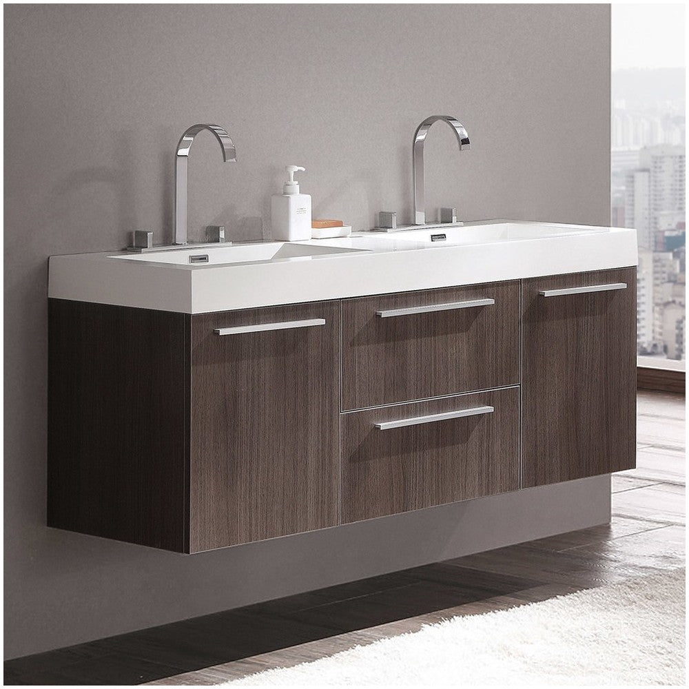 Opulento 54" Gray Oak Modern Double Sink Bathroom Cabinet w/ Integrated Sinks
