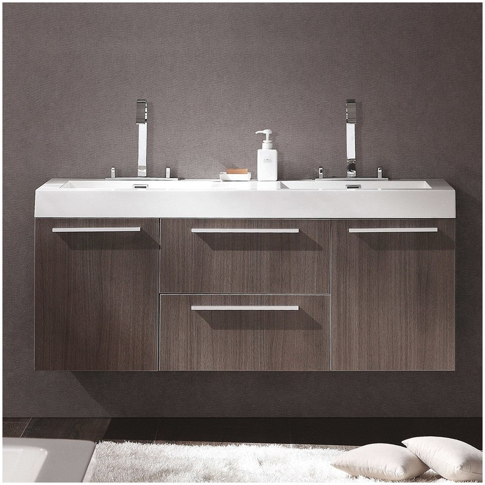 Opulento 54" Gray Oak Modern Double Sink Bathroom Cabinet w/ Integrated Sinks