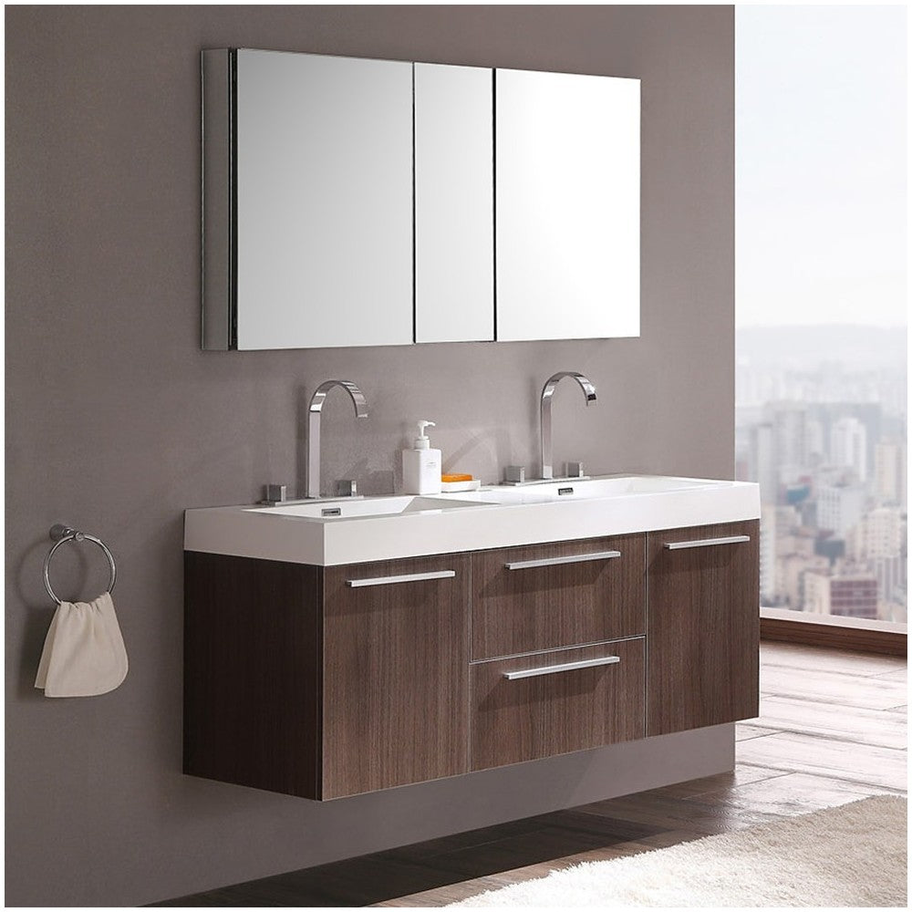 Opulento 54" Gray Oak Modern Double Sink Bathroom Vanity w/ Medicine Cabinet