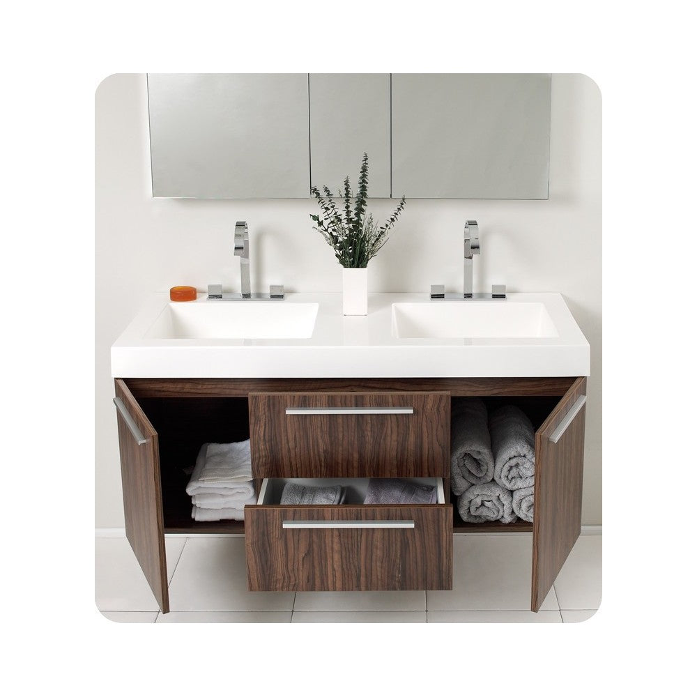 Opulento 54" Walnut Modern Double Sink Bathroom Vanity w/ Medicine Cabinet