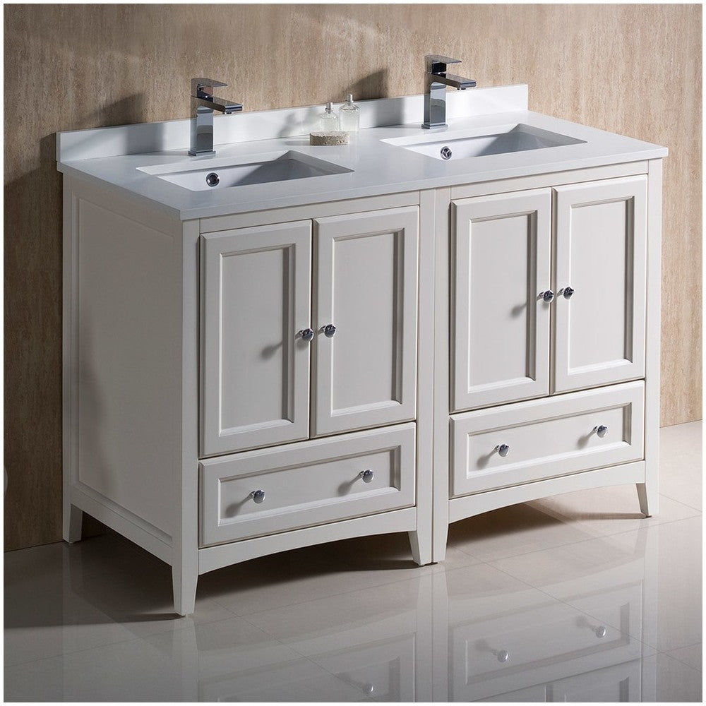 Oxford 48 Antique White Traditional Double Sink Bathroom Cabinets w/ Top & Sinks