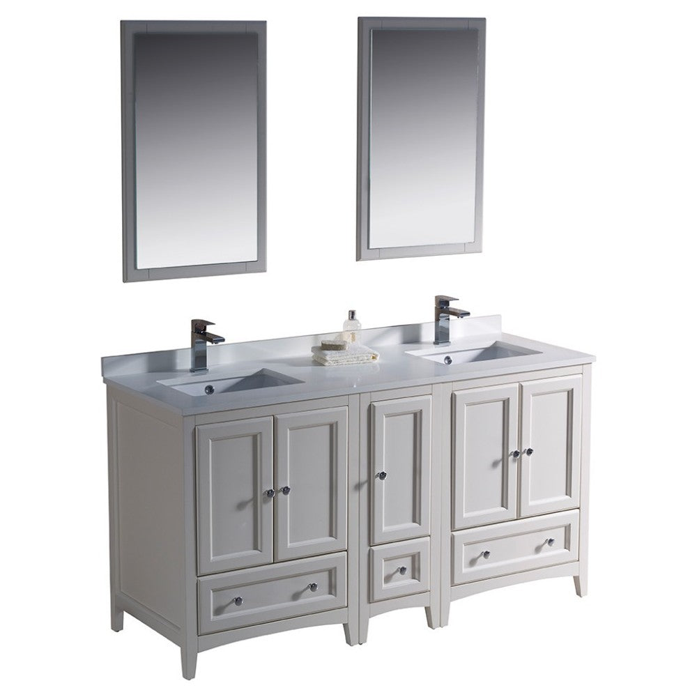 Oxford 60" Antique White Traditional Double Sink Bathroom Vanity, FVN20-241224AW