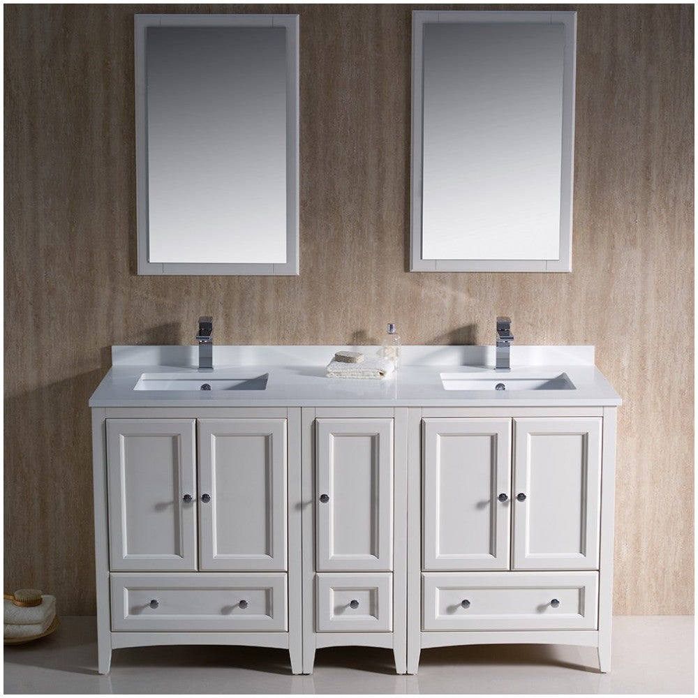 Oxford 60" Antique White Traditional Double Sink Bathroom Vanity, FVN20-241224AW