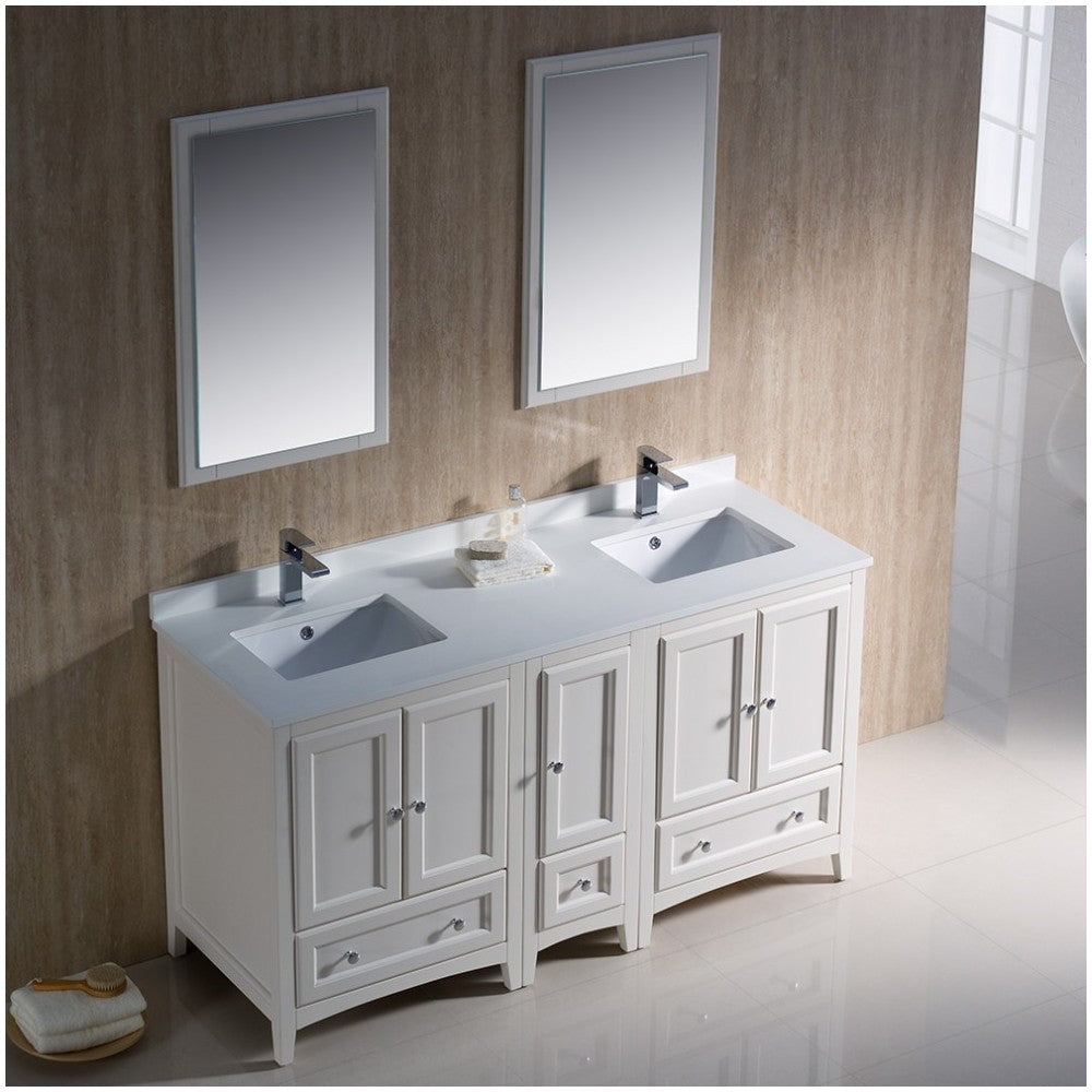 Oxford 60" Antique White Traditional Double Sink Bathroom Vanity, FVN20-241224AW