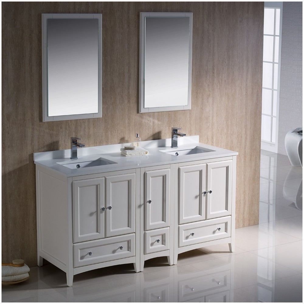 Oxford 60" Antique White Traditional Double Sink Bathroom Vanity, FVN20-241224AW