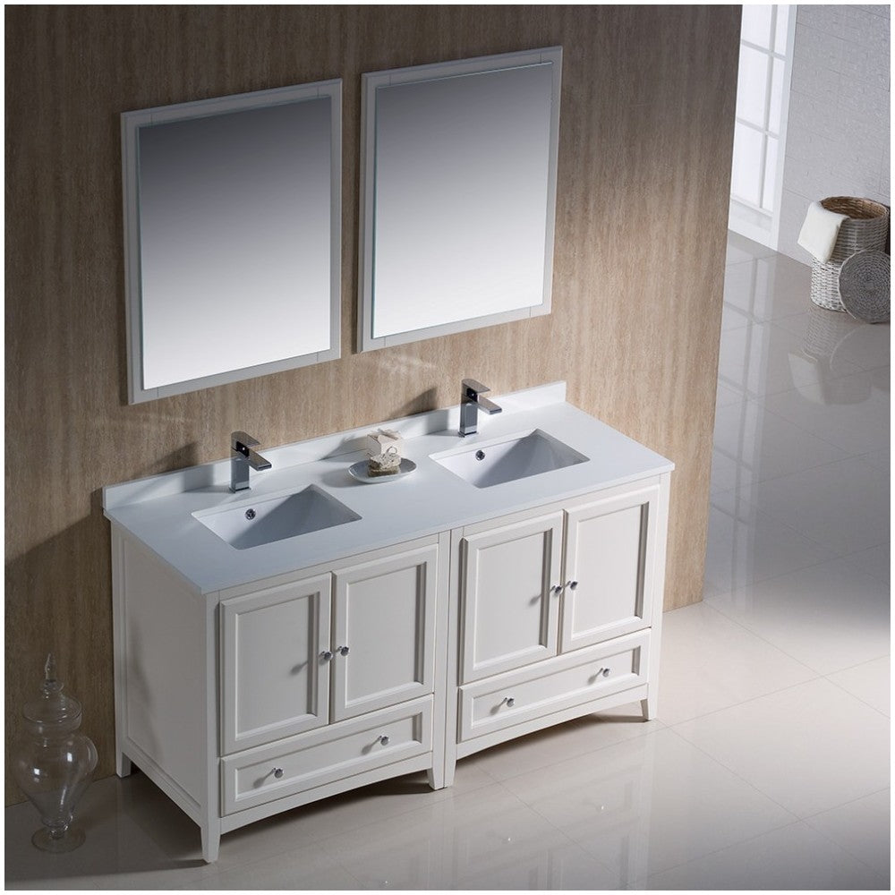 Oxford 60" Antique White Traditional Double Sink Bathroom Vanity, FVN20-3030AW