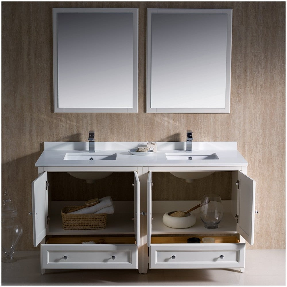 Oxford 60" Antique White Traditional Double Sink Bathroom Vanity, FVN20-3030AW