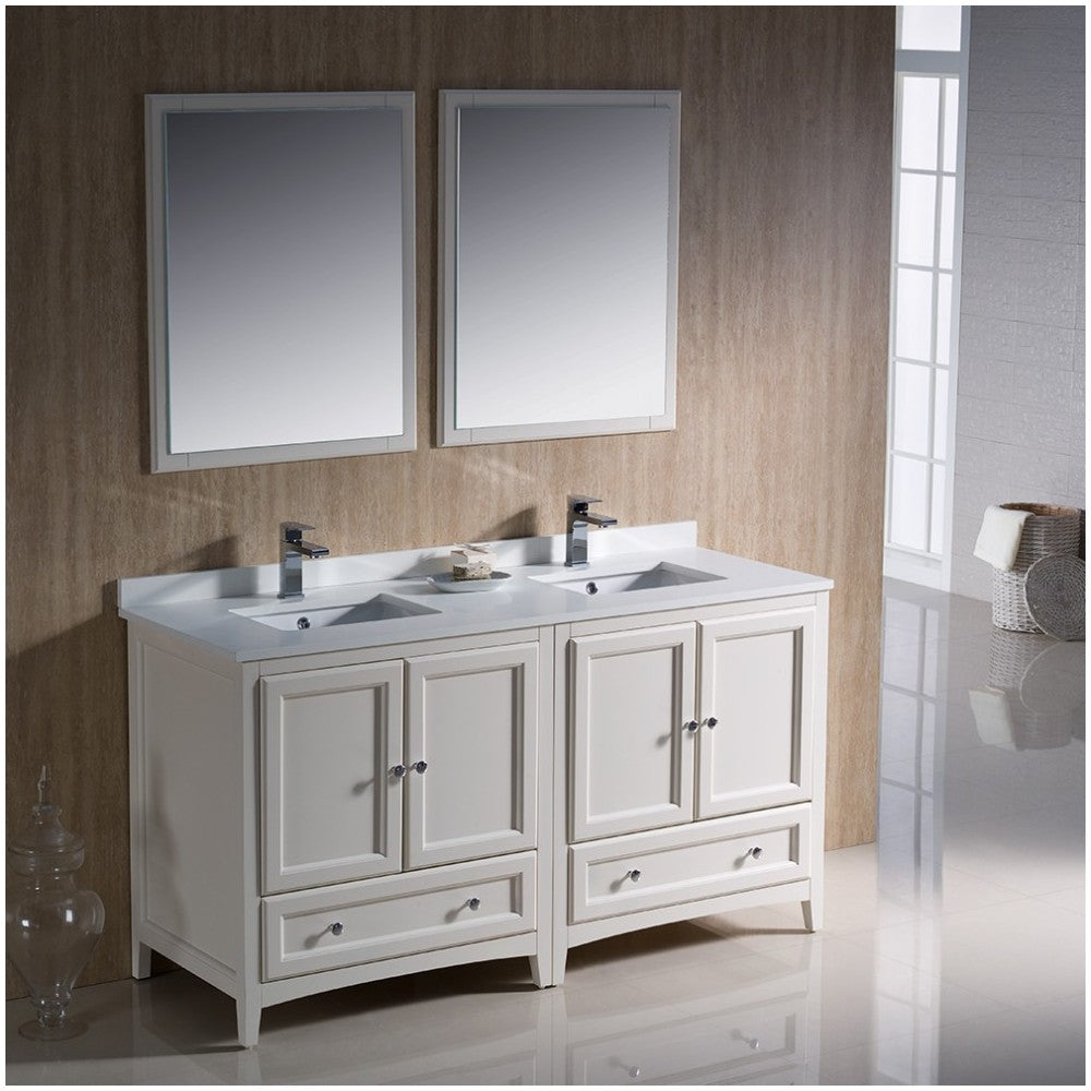 Oxford 60" Antique White Traditional Double Sink Bathroom Vanity, FVN20-3030AW