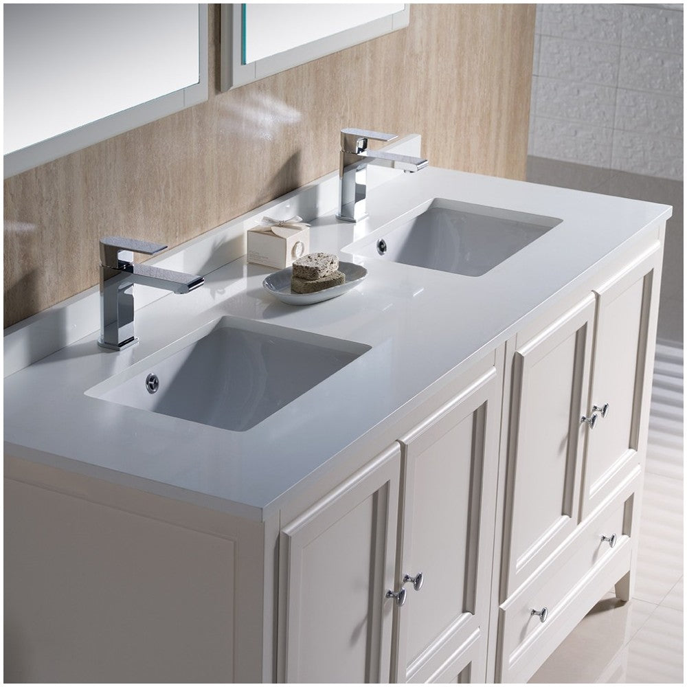 Oxford 60" Antique White Traditional Double Sink Bathroom Vanity, FVN20-3030AW