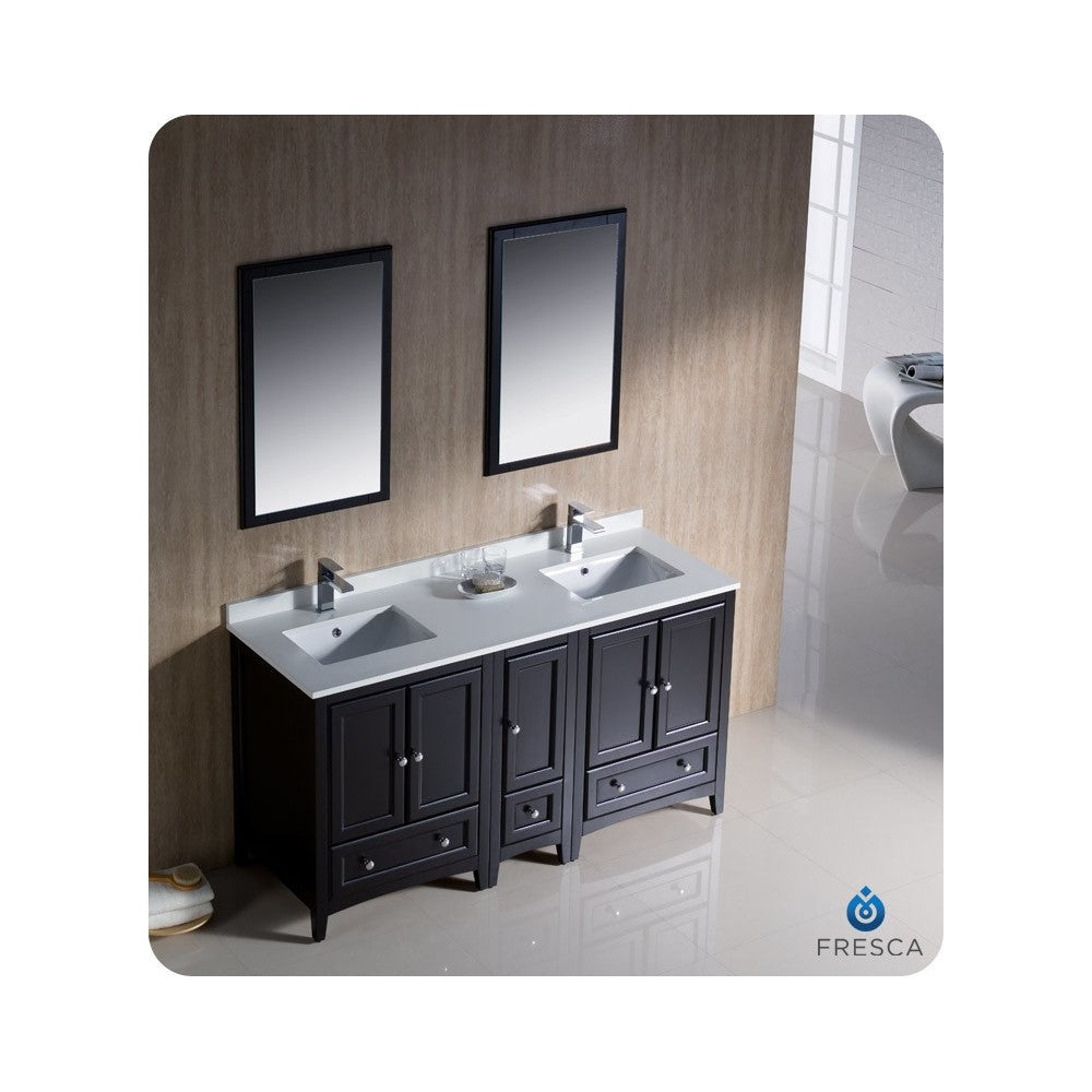 Oxford 60" Espresso Traditional Double Sink Bathroom Vanity, FVN20-241224ES