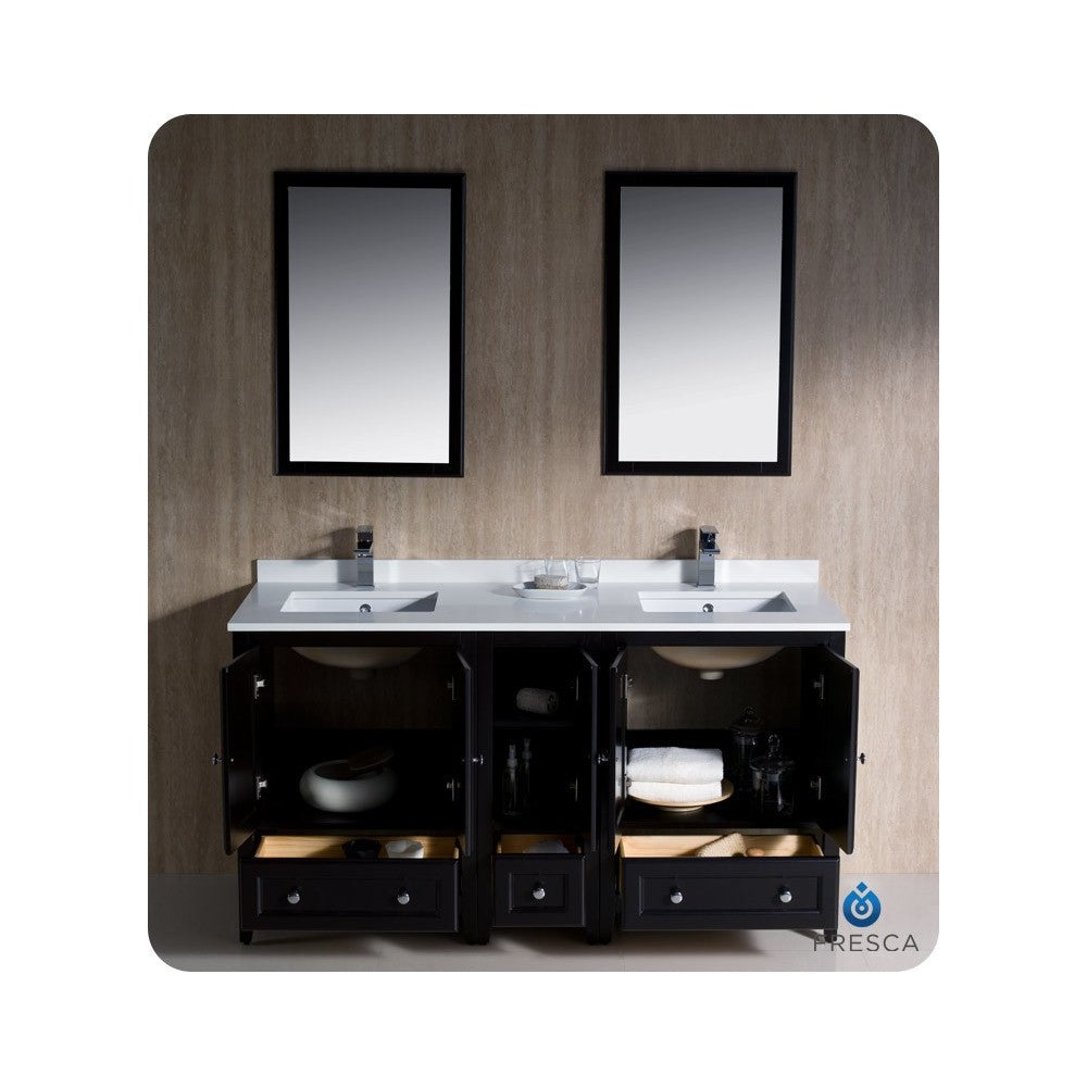 Oxford 60" Espresso Traditional Double Sink Bathroom Vanity, FVN20-241224ES