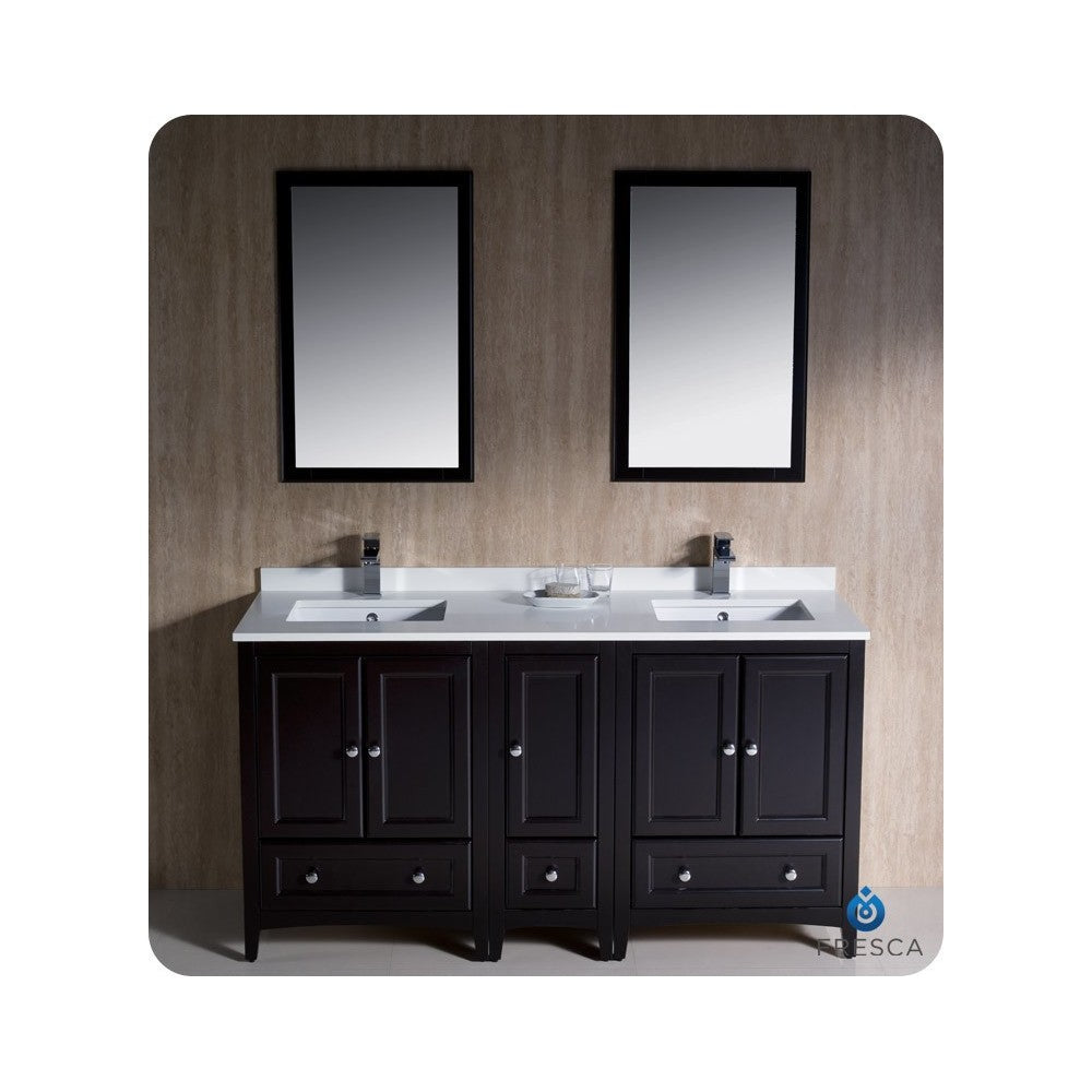 Oxford 60" Espresso Traditional Double Sink Bathroom Vanity, FVN20-241224ES