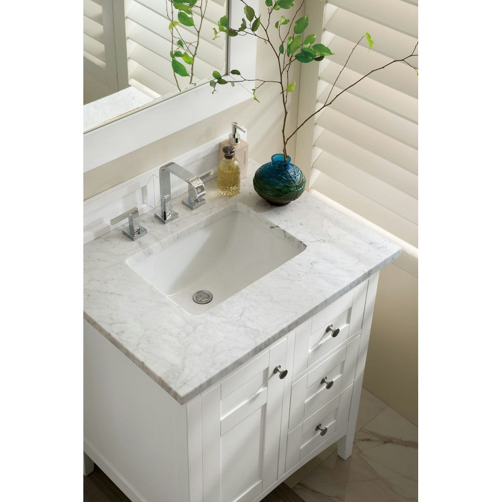 Palisades 30" Single Vanity, Bright White w/ 3 CM Carrara Marble Top