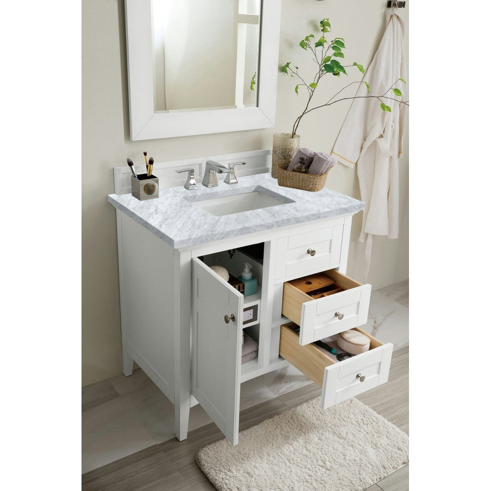 Palisades 36" Single Vanity, Bright White w/ 3 CM Carrara Marble Top