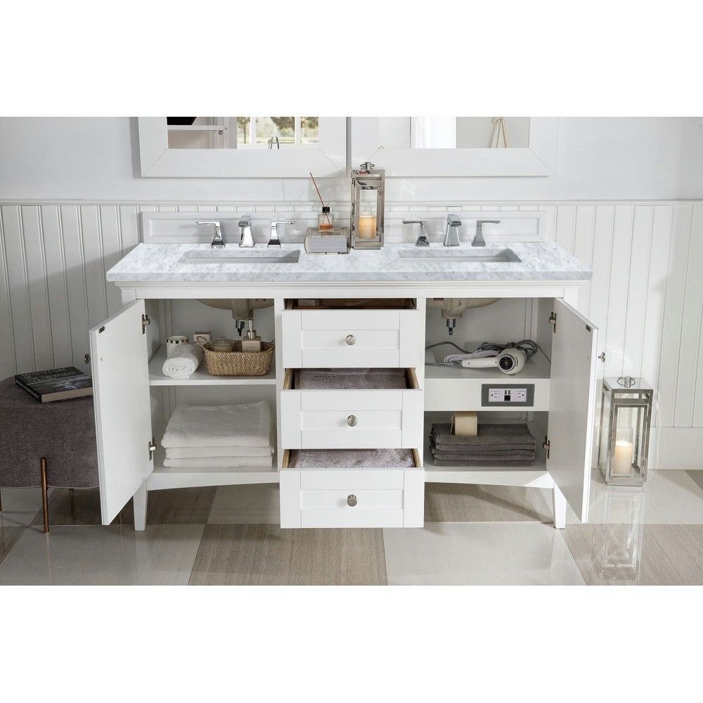 Palisades 60" Double Vanity, Bright White w/ 3 CM Carrara Marble Top