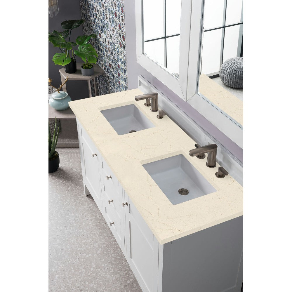 Palisades 60" Double Vanity, Bright White, w/ 3 CM Eternal Marfil Quartz Top