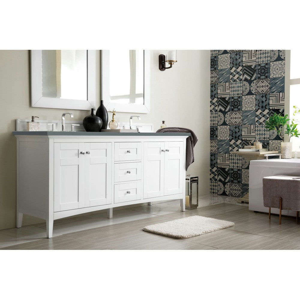 Palisades 72" Double Vanity, Bright White, w/ 3 CM Cala Blue Quartz Top