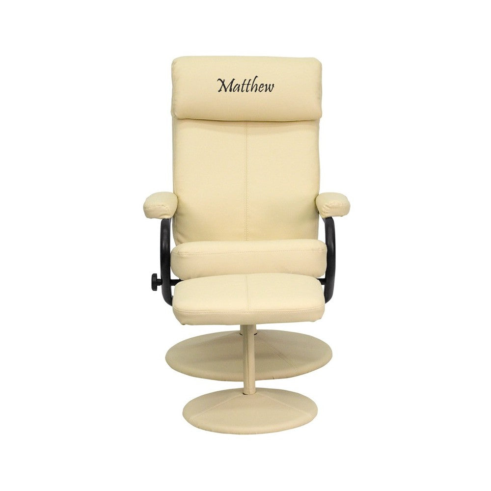 Personalized Contemporary Multi-Position Headrest Recliner and Ottoman with Wrapped Base in Cream LeatherSoft