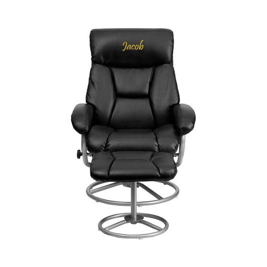 Personalized Contemporary Multi-Position Recliner and Ottoman with Metal Base in Black LeatherSoft