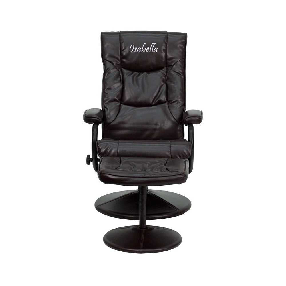 Personalized Contemporary Multi-Position Recliner and Ottoman with Wrapped Base in Brown LeatherSoft