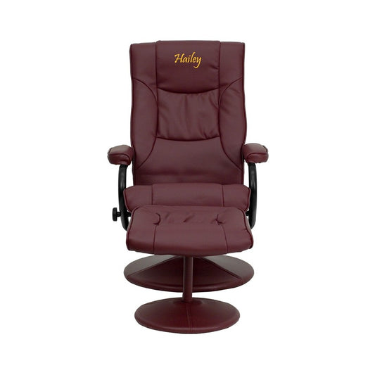 Personalized Contemporary Multi-Position Recliner and Ottoman with Wrapped Base in Burgundy LeatherSoft