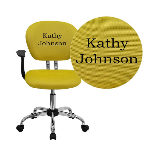 Personalized Mid-Back Yellow Mesh Swivel Task Office Chair with Chrome Base and Arms