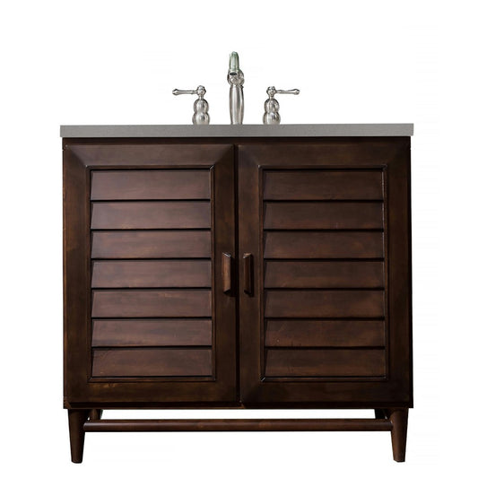 Portland 36" Single Vanity, Burnished Mahogany, w/ 3 CM Gray Expo Quartz Top