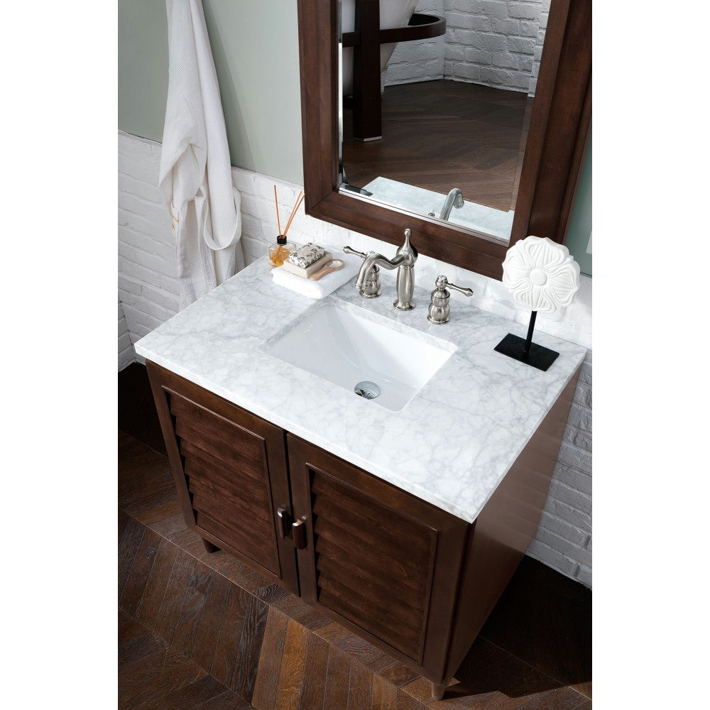 Portland 36" Single Vanity, Burnished Mahogany w/ 3 CM Carrara Marble Top