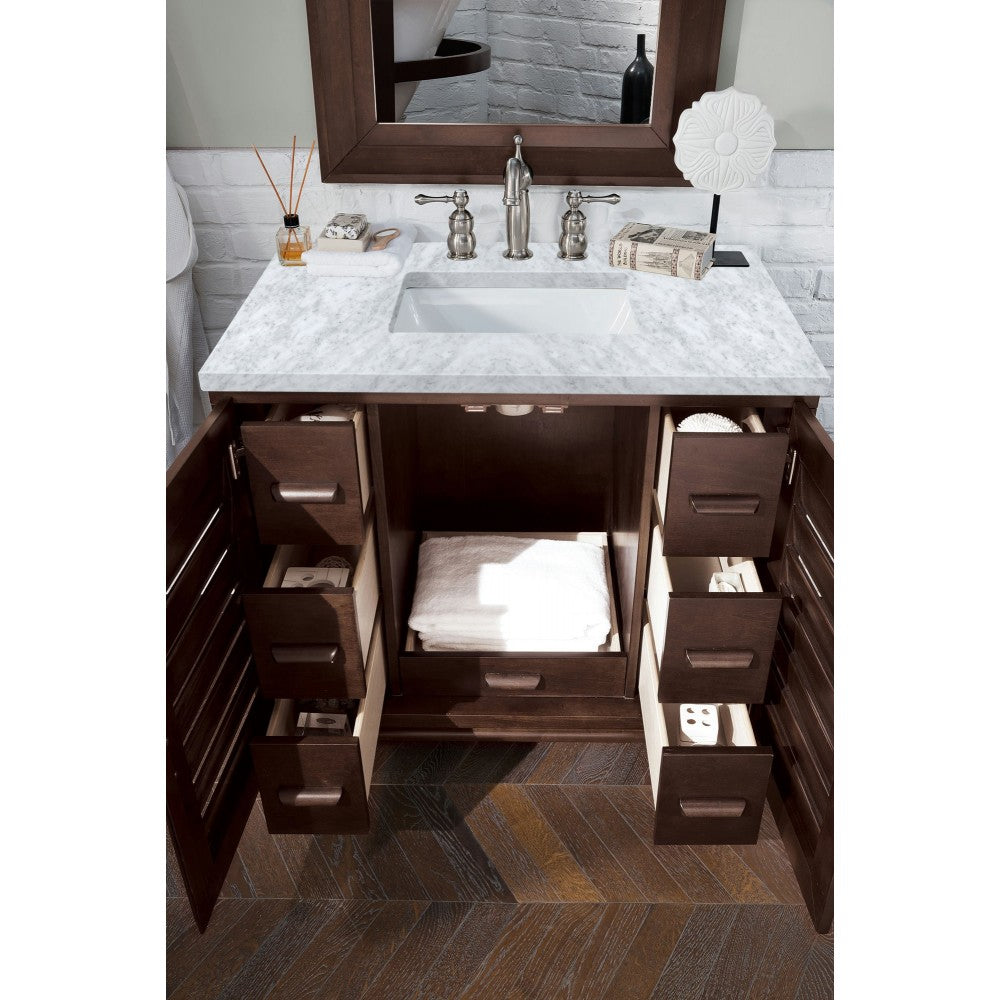 Portland 36" Single Vanity, Burnished Mahogany w/ 3 CM Carrara Marble Top
