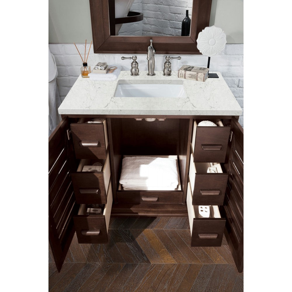 Portland 36" Single Vanity Burnished Mahogany w/ 3 CM Jasmine Pearl Quartz Top