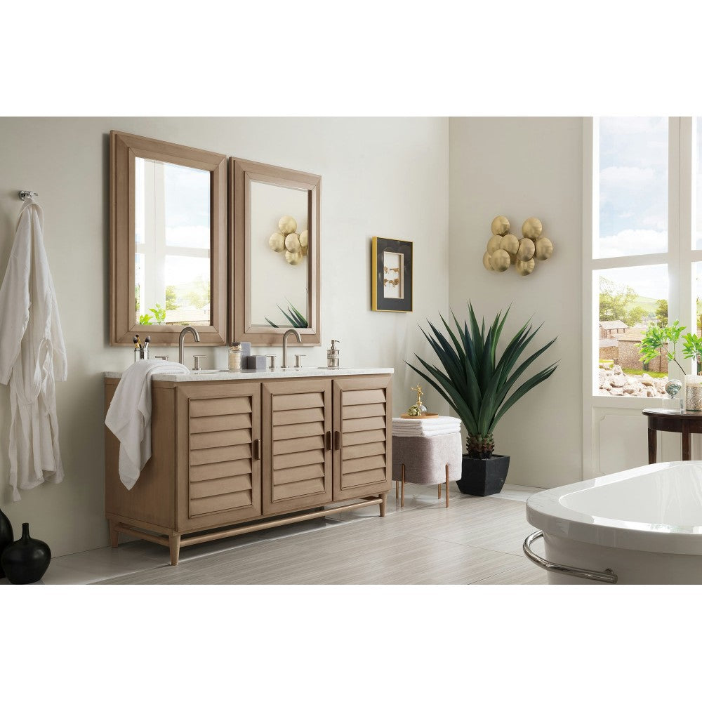 Portland 60" Double Vanity Walnut w/3 CM Arctic Fall Solid Surface Top
