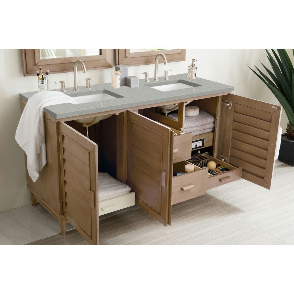 Portland 60" Double Vanity Whitewashed Walnut, w/ 3 CM Eternal Serena Quartz Top