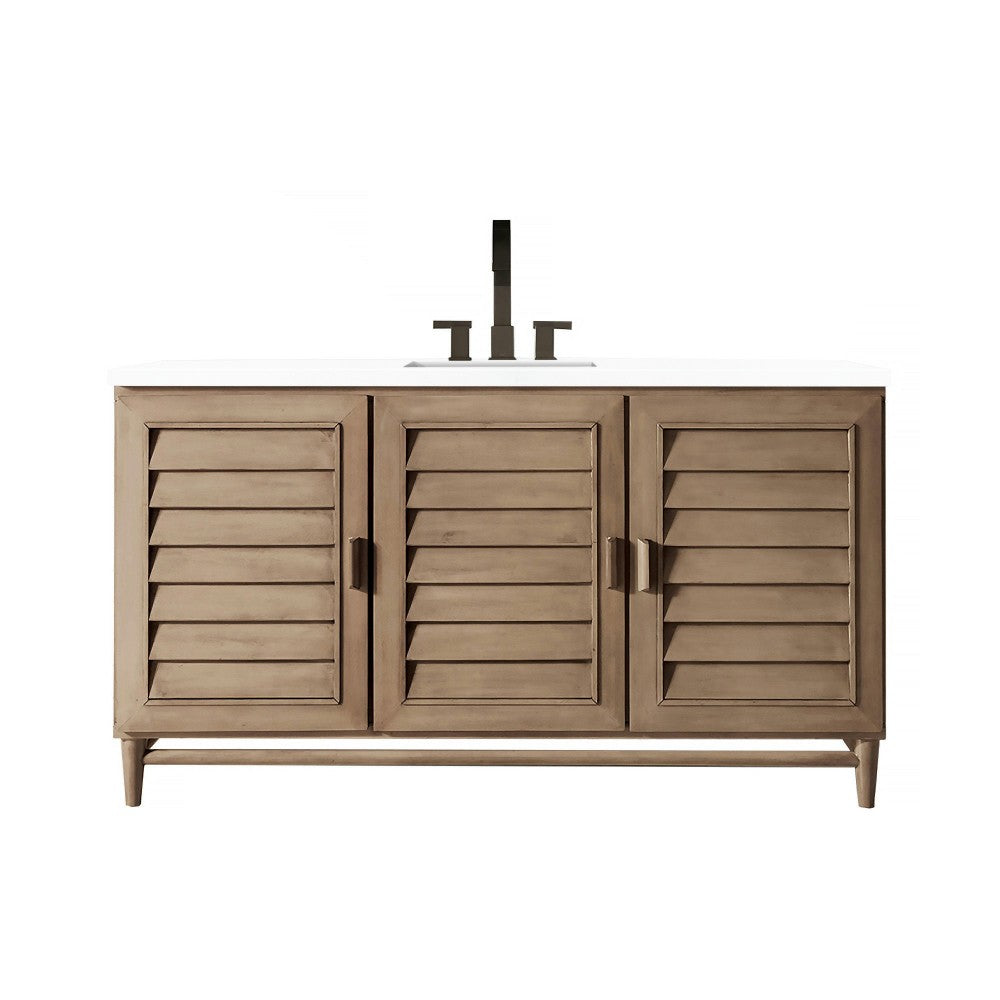 Portland 60" Single Vanity Whitewashed Walnut, w/ 3 CM Classic White Quartz Top
