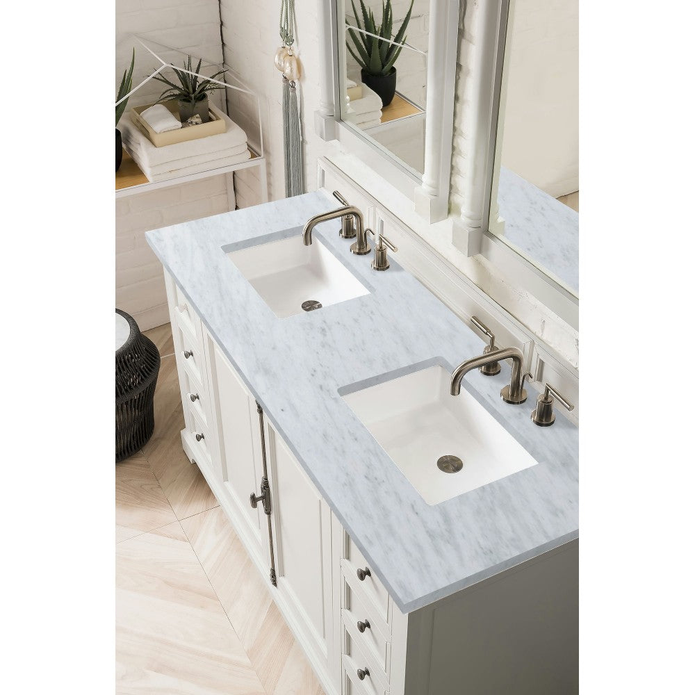 Providence 60" Bright White Double Vanity w/ 3 CM Carrara Marble Top