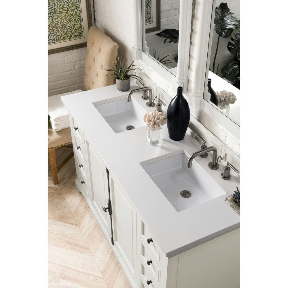 Providence 60" Double Vanity, Bright White, w/ 3 CM Classic White Quartz Top