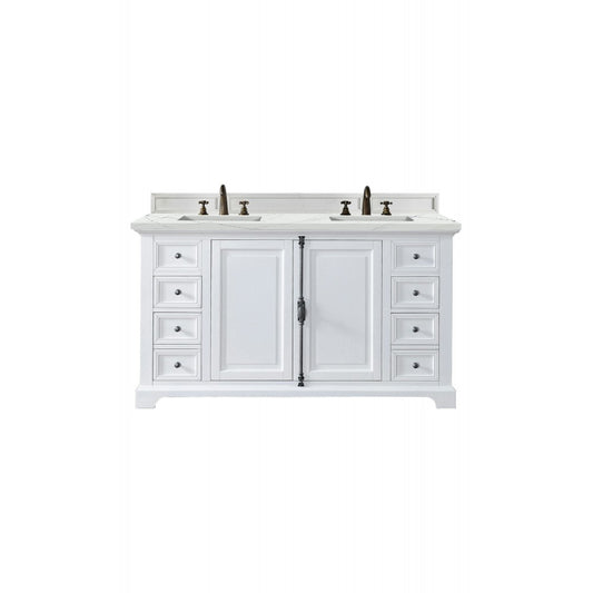 Providence 60" Double Vanity, Bright White, w/ 3 CM Ethereal Noctis Quartz Top