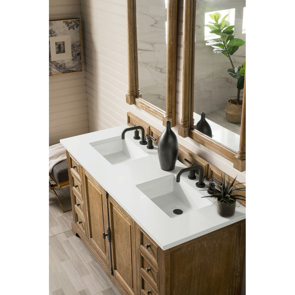 Providence 60" Double Vanity, Driftwood, w/ 3 CM Classic White Quartz Top