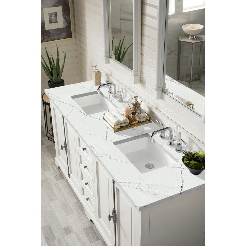Providence 72" Double Vanity, Bright White, w/ 3 CM Ethereal Noctis Quartz Top