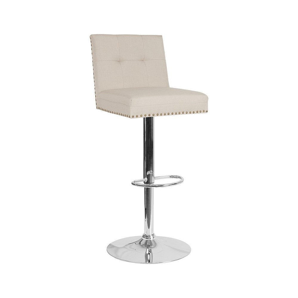 Ravello Contemporary Adjustable Height Barstool with Accent Nail Trim in Beige Fabric