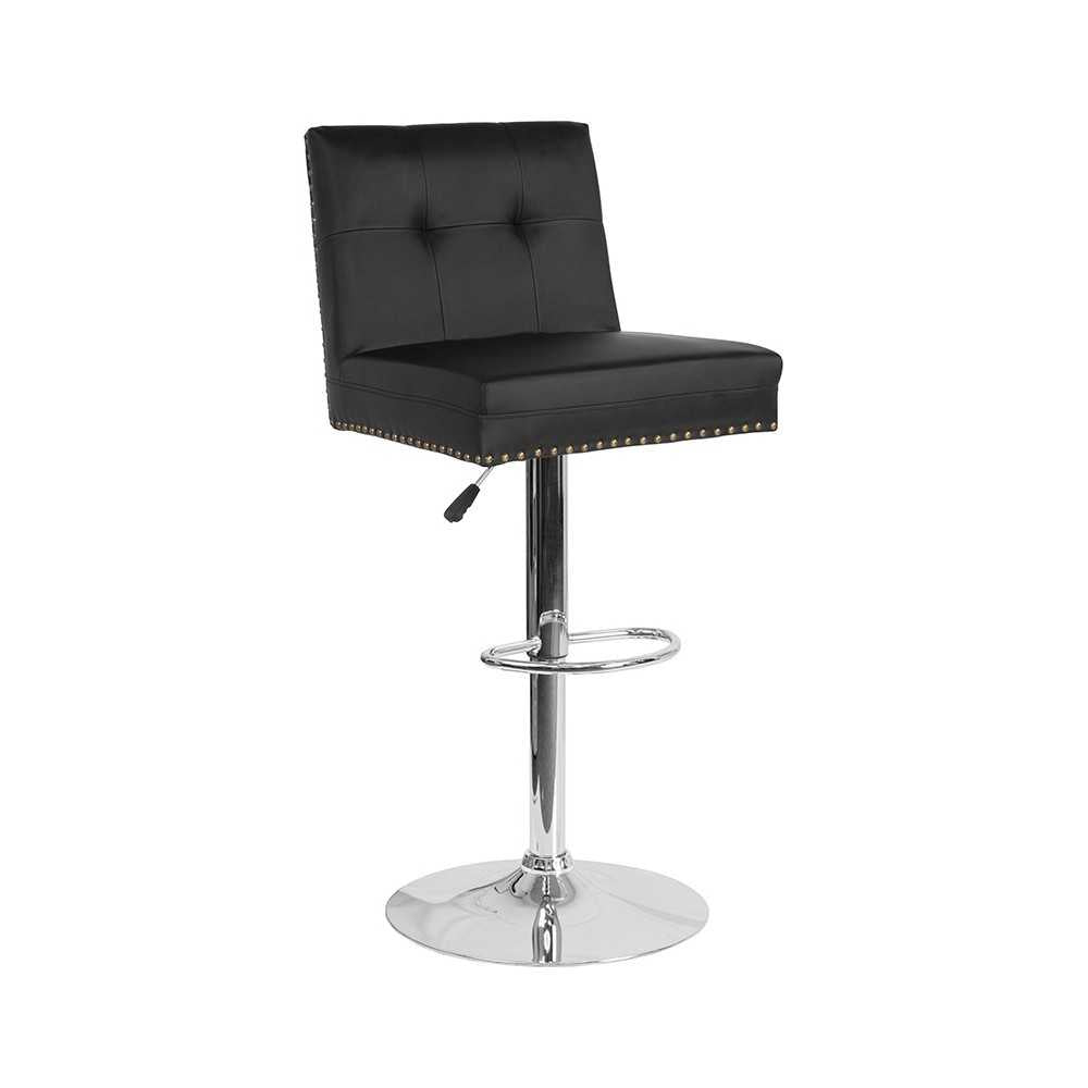 Ravello Contemporary Adjustable Height Barstool with Accent Nail Trim in Black LeatherSoft